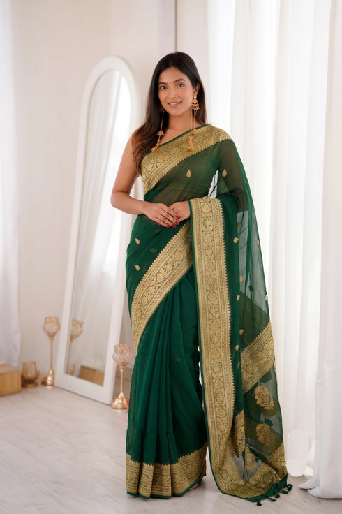 Green Soft Lilan Slub Party Wear Saree With Blouse - Front View | Samyak Fashion