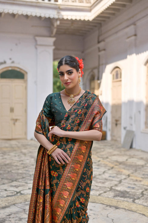 Green Soft Pashmina Silk Designer Function Wear Saree Collection With Blouse - Detail View | Samyak Fashion