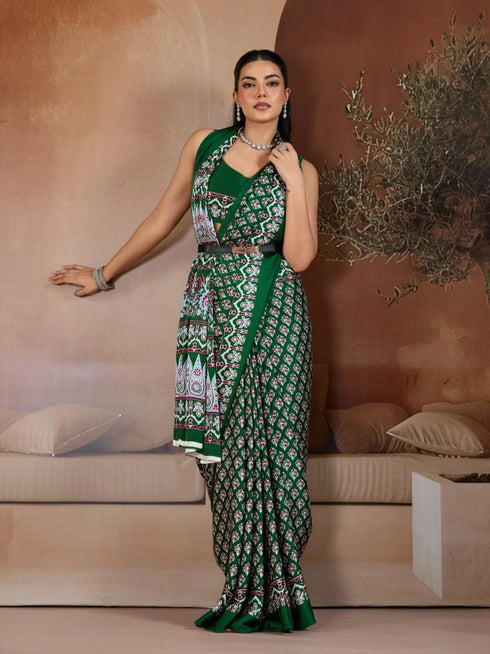 Green Soft Satin Georgette Elegant Party Wear Saree Collection With Blouse - Back View | Samyak Fashion