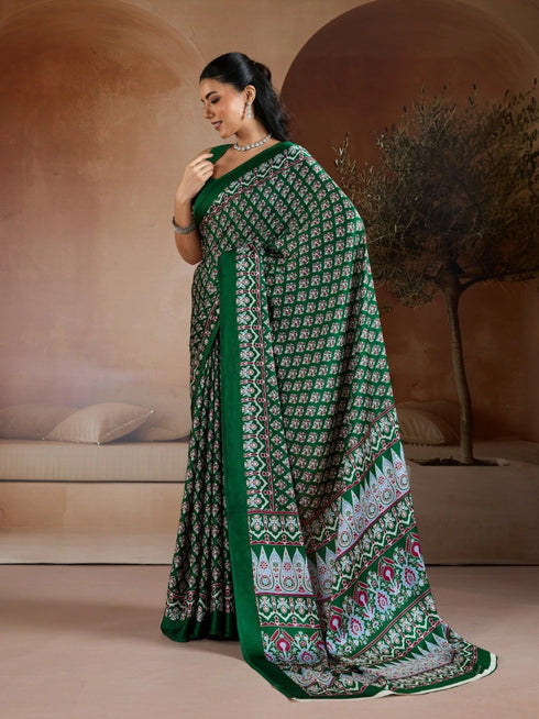 Green Soft Satin Georgette Elegant Party Wear Saree Collection With Blouse - Side View | Samyak Fashion