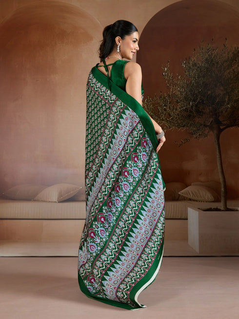 Green Soft Satin Georgette Elegant Party Wear Saree Collection With Blouse - Detail View | Samyak Fashion