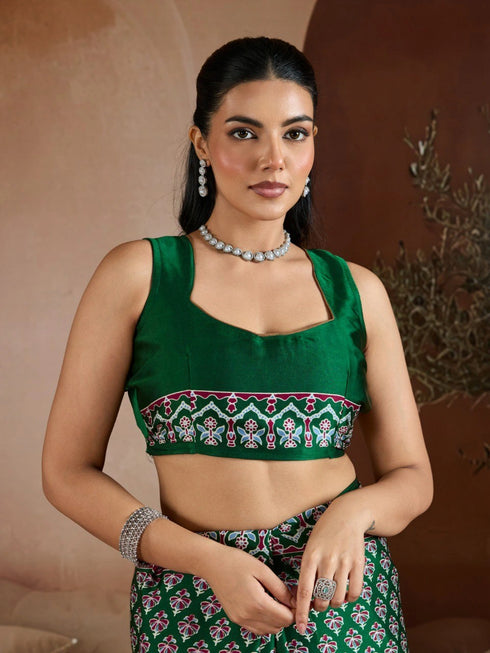 Green Soft Satin Georgette Elegant Party Wear Saree Collection With Blouse - Full View | Samyak Fashion