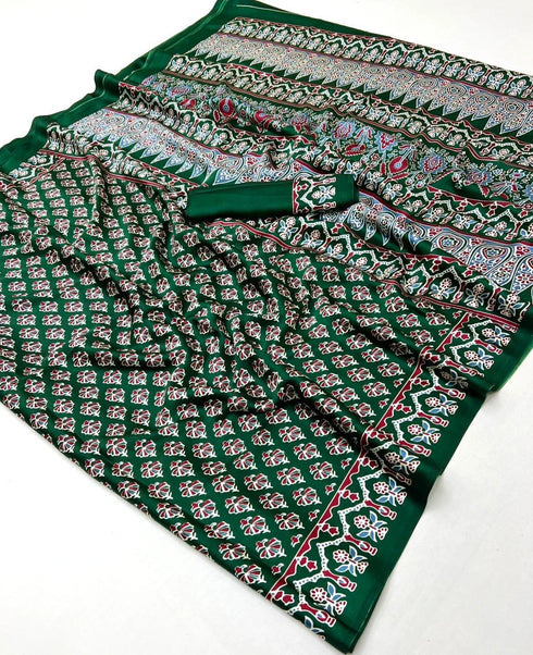 Green Soft Satin Georgette Elegant Party Wear Saree Collection With Blouse - Styled View | Samyak Fashion