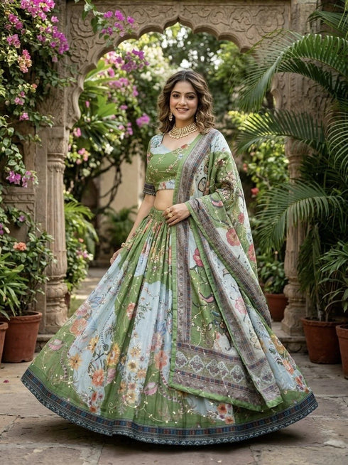Green Tabby Silk Lehenga Choli - Front View | Samyak Fashion
