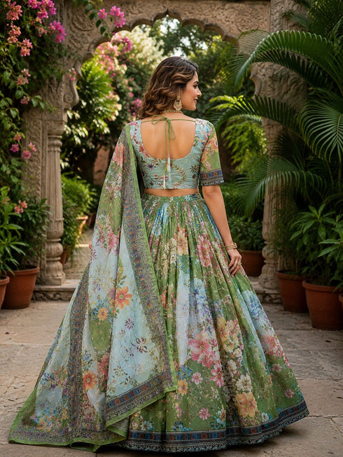 Green Tabby Silk Lehenga Choli - Back View | Samyak Fashion