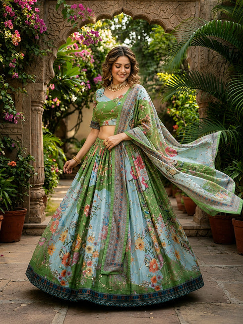 Green Tabby Silk Lehenga Choli - Side View | Samyak Fashion