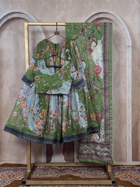 Green Tabby Silk Lehenga Choli - Close-up View | Samyak Fashion