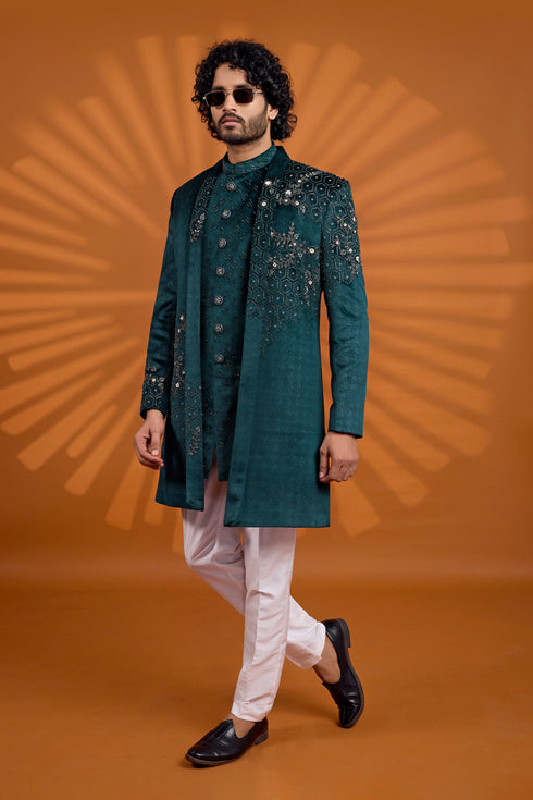 Green Velvet Mens Premium Men's Sherwani - Back View | Samyak Fashion