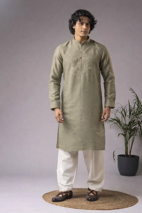 Green Viscose Mens Kurta With Payjama - Close-up View | Samyak Fashion