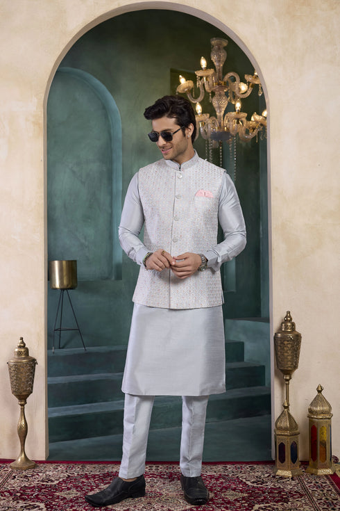 Grey Banarasi Silk Mens Mans - Side View | Samyak Fashion