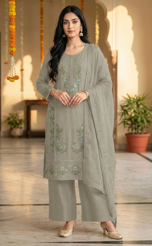 Grey Chiffon Salwar Suit - Front View | Samyak Fashion