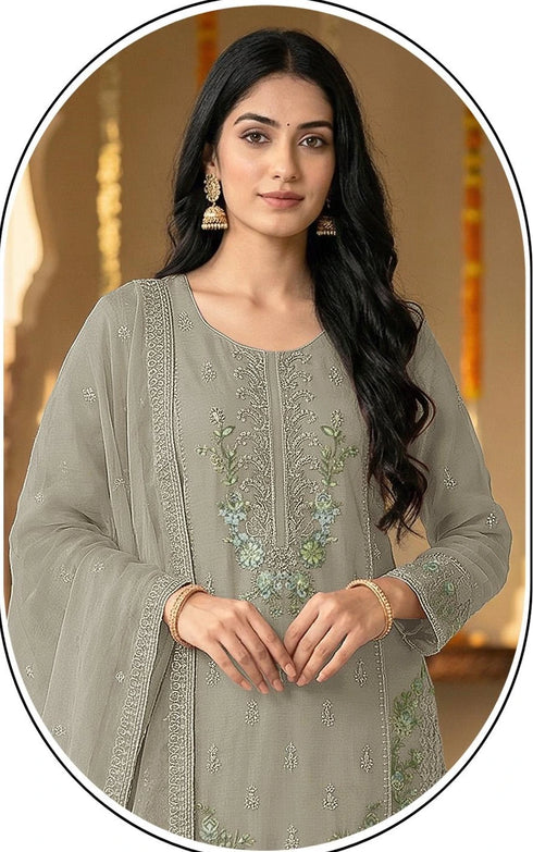 Grey Chiffon Salwar Suit - Back View | Samyak Fashion