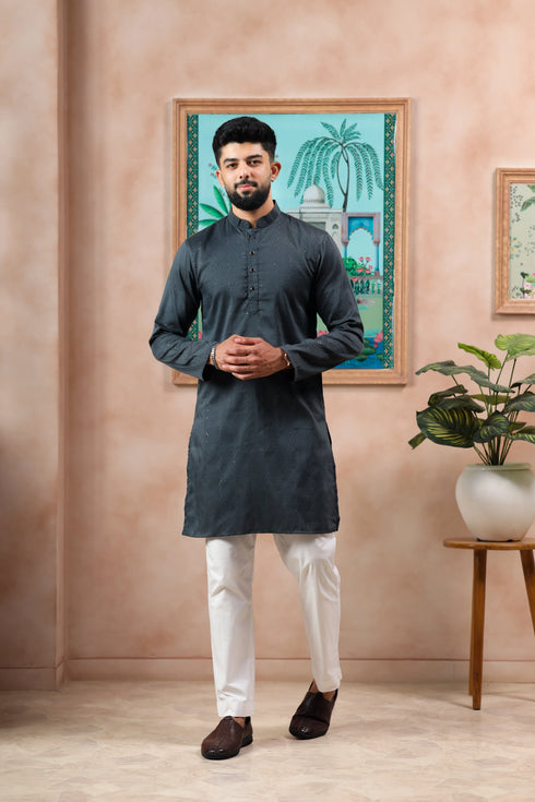 Grey Cotton Mens Kurta With Payjama - Front View | Samyak Fashion