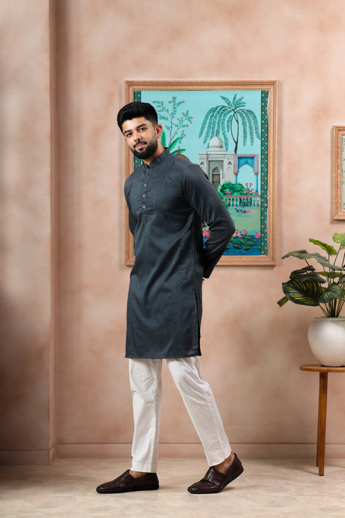 Grey Cotton Mens Kurta With Payjama - Detail View | Samyak Fashion