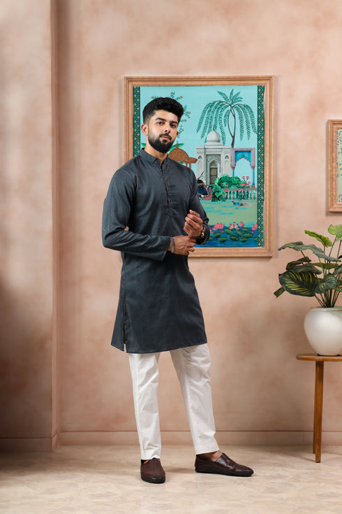 Grey Cotton Mens Kurta With Payjama - Close-up View | Samyak Fashion