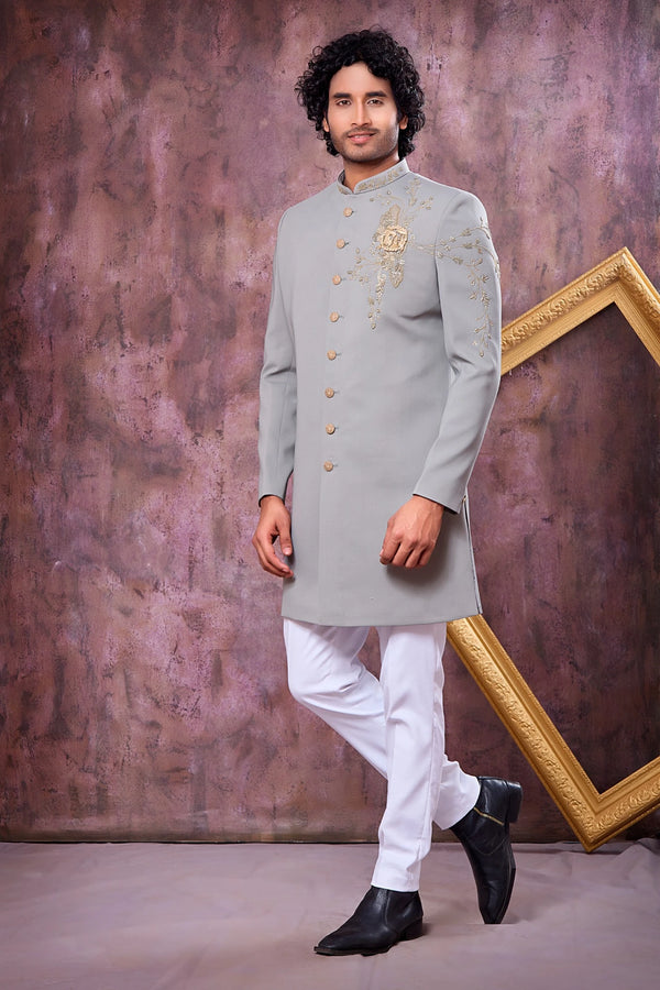 Grey Imported Lachka Fabric Mens Premium Men's Indo Western - Front View | Samyak Fashion
