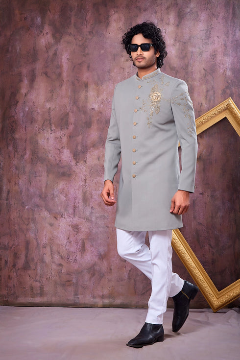 Grey Imported Lachka Fabric Mens Premium Men's Indo Western - Back View | Samyak Fashion