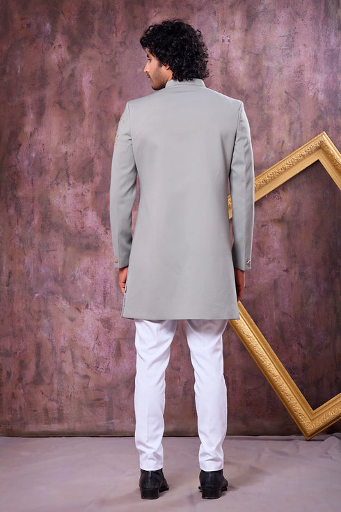 Grey Imported Lachka Fabric Mens Premium Men's Indo Western - Side View | Samyak Fashion