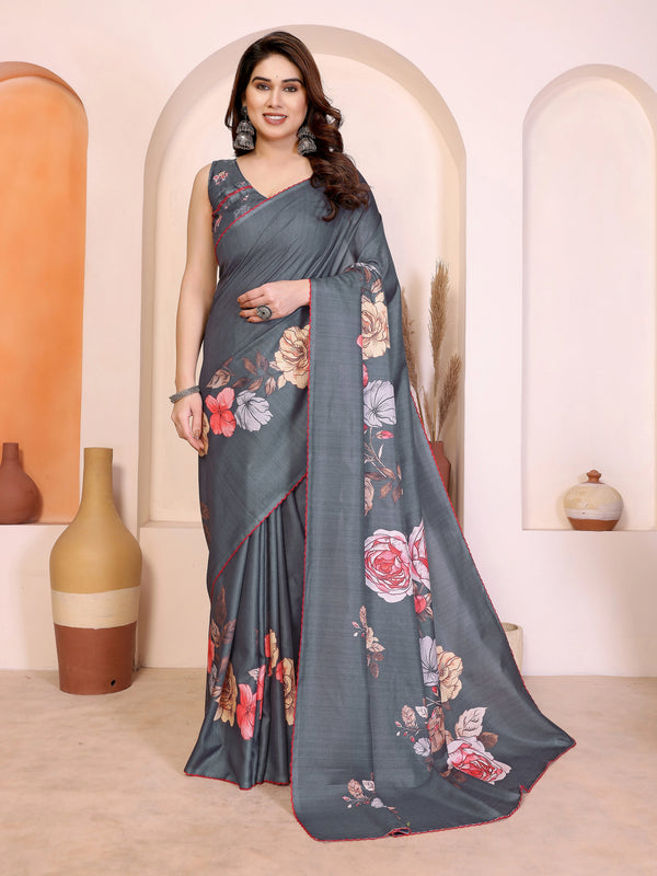 Grey Manipuri Silk Elegant Party Wear Saree Collection With Blouse - Front View | Samyak Fashion