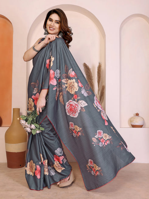 Grey Manipuri Silk Elegant Party Wear Saree Collection With Blouse - Back View | Samyak Fashion
