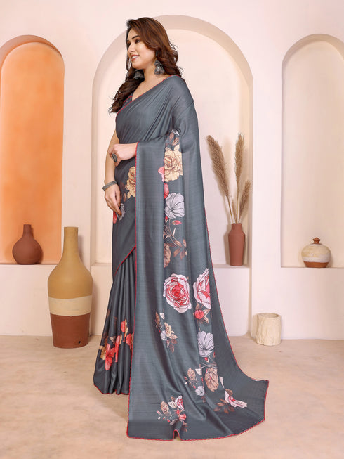 Grey Manipuri Silk Elegant Party Wear Saree Collection With Blouse - Side View | Samyak Fashion