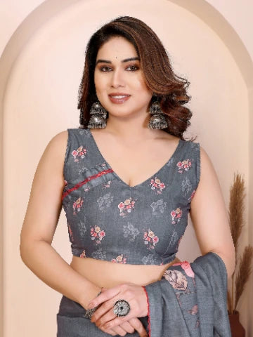 Grey Manipuri Silk Elegant Party Wear Saree Collection With Blouse - Full View | Samyak Fashion