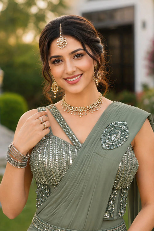 Grey Real Premium Lycra Party Wear Ready To Wear Saree With Blouse - Back View | Samyak Fashion