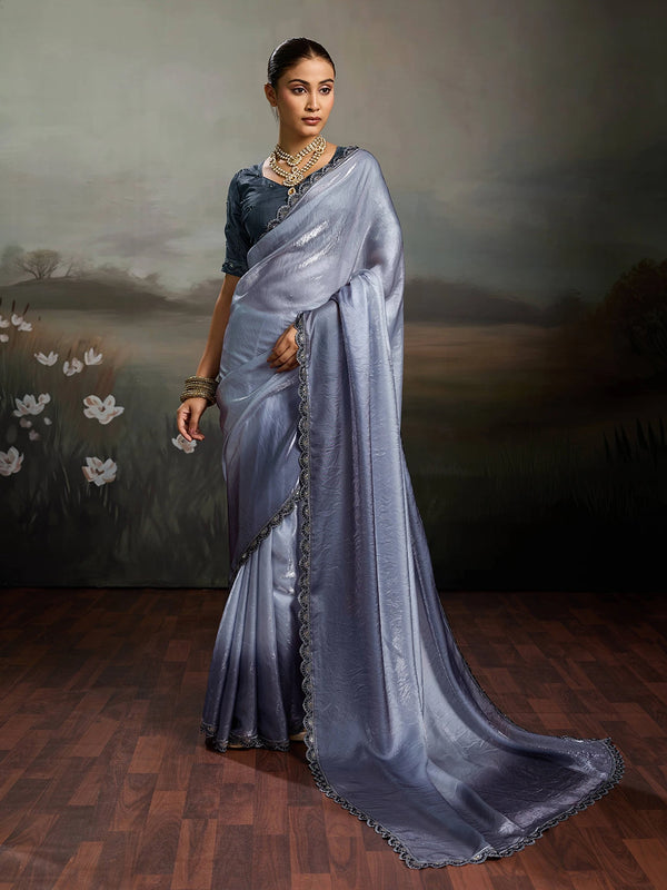 Grey Satin Elegant Party Wear Saree Collection With Blouse - Front View | Samyak Fashion