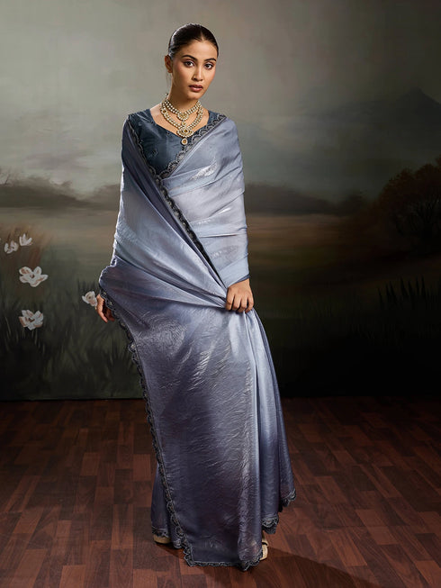 Grey Satin Elegant Party Wear Saree Collection With Blouse - Back View | Samyak Fashion