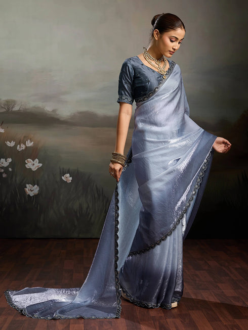 Grey Satin Elegant Party Wear Saree Collection With Blouse - Side View | Samyak Fashion