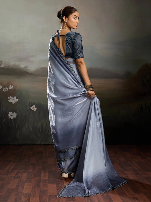 Grey Satin Elegant Party Wear Saree Collection With Blouse - Detail View | Samyak Fashion