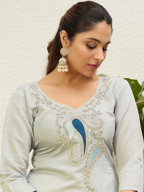 Grey Silk Blend Long Kurti. - Side View | Samyak Fashion