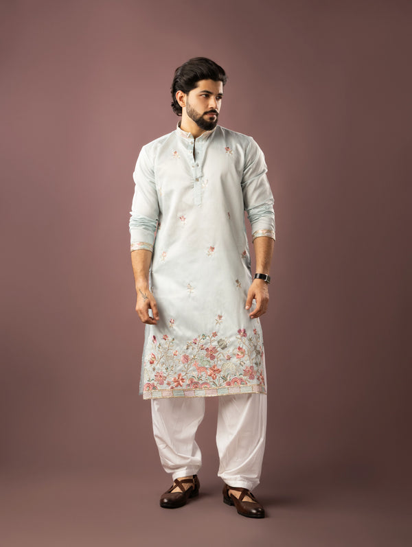 Ice Blue Linen Mens Kurta With Payjama - Front View | Samyak Fashion