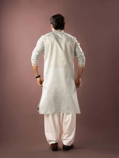 Ice Blue Linen Mens Kurta With Payjama - Back View | Samyak Fashion