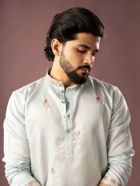 Ice Blue Linen Mens Kurta With Payjama - Side View | Samyak Fashion