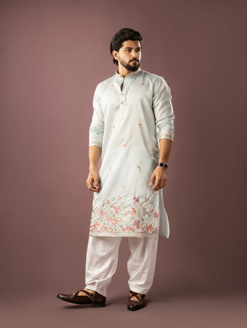 Ice Blue Linen Mens Kurta With Payjama - Detail View | Samyak Fashion
