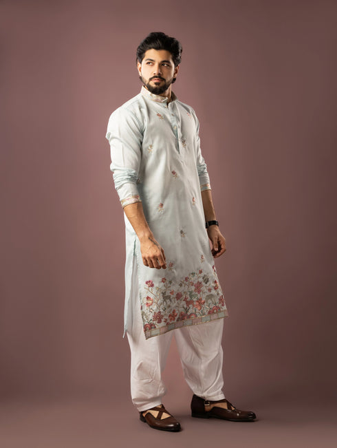 Ice Blue Linen Mens Kurta With Payjama - Close-up View | Samyak Fashion