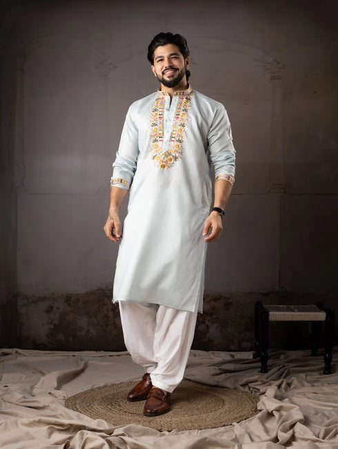 Ice Blue Linen Mens Kurta With Payjama - Front View | Samyak Fashion