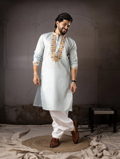 Ice Blue Linen Mens Kurta With Payjama - Side View | Samyak Fashion