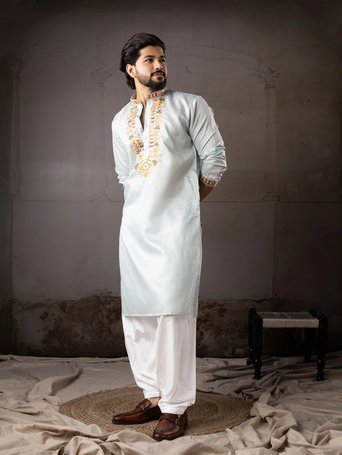 Ice Blue Linen Mens Kurta With Payjama - Detail View | Samyak Fashion
