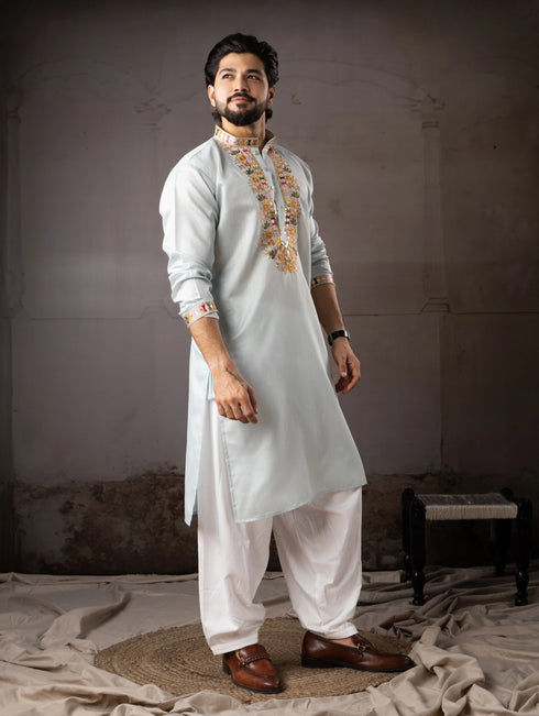 Ice Blue Linen Mens Kurta With Payjama - Close-up View | Samyak Fashion