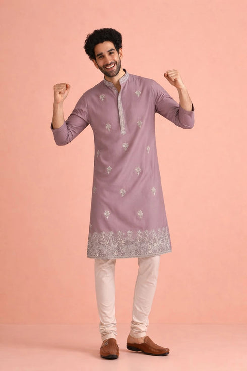 Lavendar Silk Mens For A Festive And Kurta With Payjama - Front View | Samyak Fashion