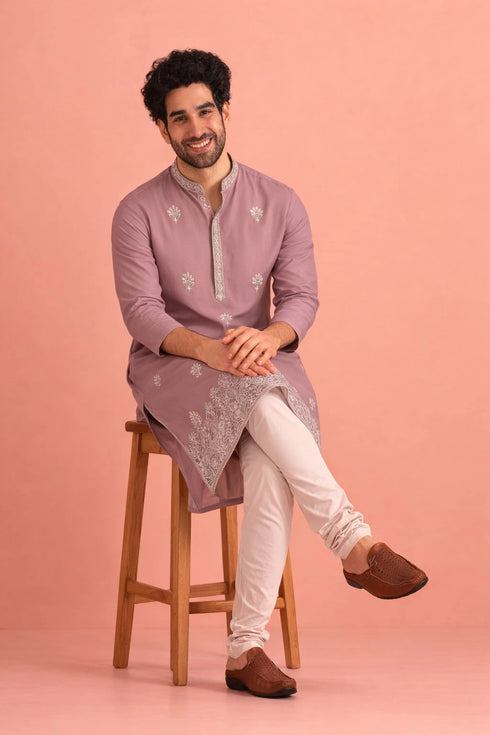 Lavendar Silk Mens For A Festive And Kurta With Payjama - Side View | Samyak Fashion