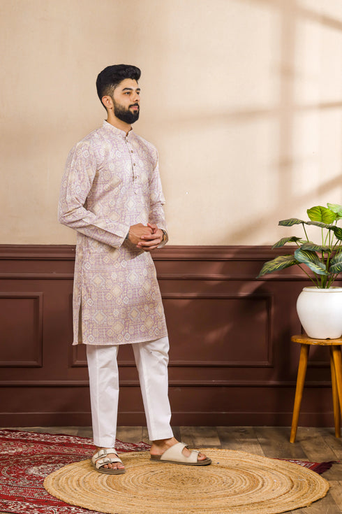 Lavender Art Silk Mens Kurta With Payjama - Close-up View | Samyak Fashion