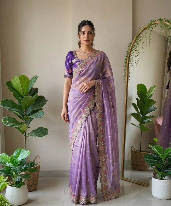 Lavender Fendy Satin Silk Party Wear Saree With Blouse - Front View | Samyak Fashion