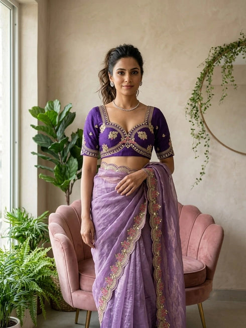 Lavender Fendy Satin Silk Party Wear Saree With Blouse - Detail View | Samyak Fashion