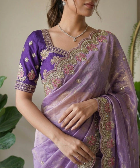 Lavender Fendy Satin Silk Party Wear Saree With Blouse - Close-up View | Samyak Fashion
