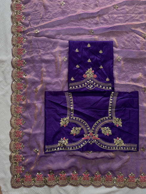 Lavender Fendy Satin Silk Party Wear Saree With Blouse - Full View | Samyak Fashion
