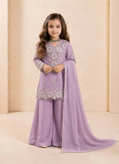 Lavender Heavy Fox Georgette Kid's Salwar Suit - Front View | Samyak Fashion