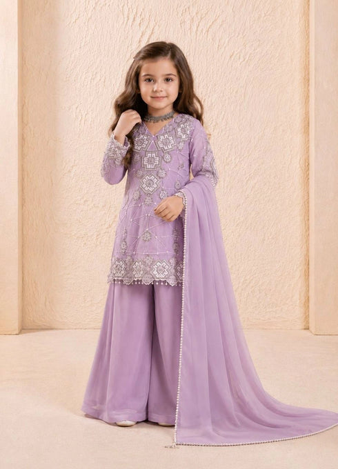 Lavender Heavy Fox Georgette Kid's Salwar Suit - Back View | Samyak Fashion